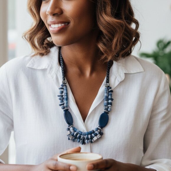 Chicos Navy Blue Beaded Necklace Long Leather Tassel Charm Style - Picture 1 of 7
